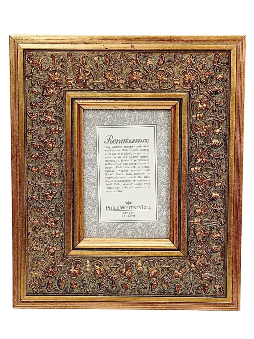 PHILIP WHITNEY Renaissance Ornate Frame Handcrafted Wood Antiqued Goldtone 3.5x5